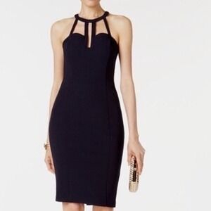 GUESS Los Angeles Navy Blue Halter Cage Neck Keyhole Bodycon Midi Dress